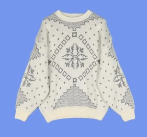 Vintage Christmas Jumper Adults MEDIUM White Grey Fair Isle Wool Blend Pullover - Picture 1 of 9