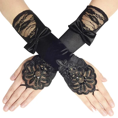Long Opera Party 20s Satin Gloves Stretchy Adult Size Lace Tea Party Gloves US - Image 1 of 4