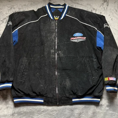 Jaqueta Bombardeiro Masculina Vintage Essex Anos 90 Ford Racing GG Preta Camurça NASCAR - Imagem 1 de 4