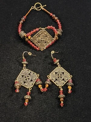 Artisan Bronze Tone Pink Glass Bead Square Dangle Earrings Bracelet Set 14497 - Image 1 of 4