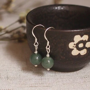 S925 Natural 8mm Dark Green Jade Dangle Earrings - Picture 1 of 3