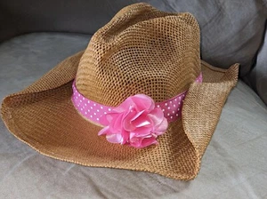 Size 4-6 Crazy 8 Pink Floral Western Cowboy / Cowgirl Beach Straw Girls Hat - Picture 1 of 5