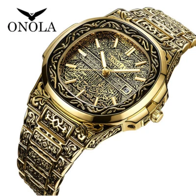 ONOLA Men Quartz Watch Luxury Retro Golden Stainless Steel Watches Reloj Hombre - Image 1 of 4