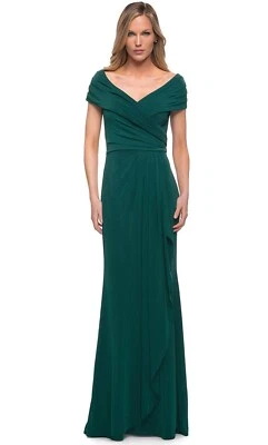 LA FEMME Emerald Green Portrait Collar Off Shoulder Ruched Jersey Maxi Gown 16 - Image 1 of 2