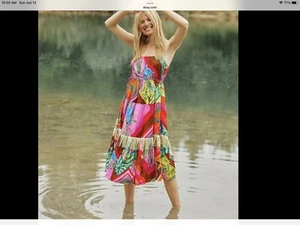NWT Anthropologie FARM Rio Palila Fringe Tropical Print Bead Midi Dress Size L - Picture 1 of 5