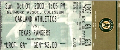 Texas Rangers Oakland Athletics Ticket Stub AL West Clincher 10/1/2000 Hudson W - Image 1 of 2