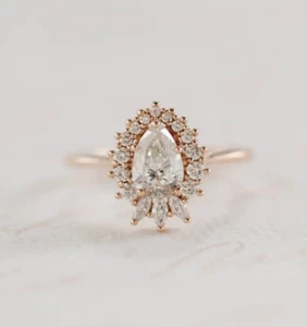 Fancy 2.50Ct Pear Cut Moissanite Cluster Engagement Ring 14K Rose Gold Plated - Picture 1 of 11