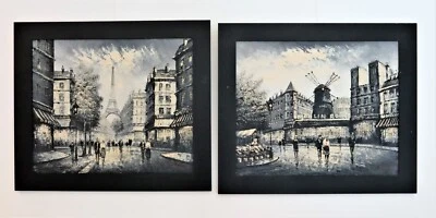 A Pair Of French Paris Street Scene Oil paintings Eiffel Tower & Moulin Rouge - image 1 of 4