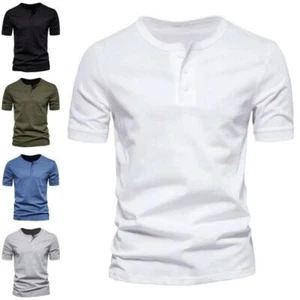New Mens Henley Grandad Solid T Shirts Tee Summer Short Sleeve Casual Loose Tops - Picture 1 of 7