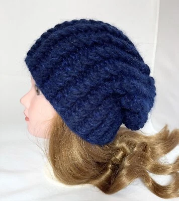 Mujer Sombrero Suave Gorro Tejido a Mano Lana Color Azul Oscuro Cálido Boina Regalo Foto 1 de 4