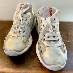 PRADA AMERICAS CUP SNEAKERS LEATHER White & Silver SZ 39.5 (7 Men’s) (9 Womens)