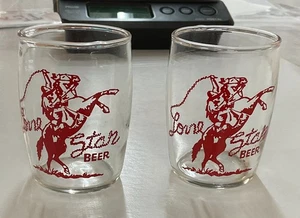 Set of 2 Vintage Lone Star Beer Enamel Barrel Clear Glass Cowboy Rodeo 3 1/4" - Picture 1 of 4