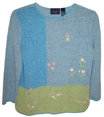 CRAZY HORSE Knit Sweater FLORAL EMBROIDERY Blue Green Pink SZ LARGE Bust 46 (C5) - Image 1 of 4