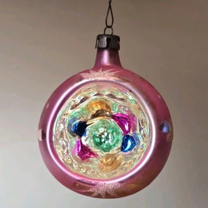 Vintage 1950s West Germany Indent Reflector Glass Ornament Pink 3" Glitter... - Picture 1 of 23