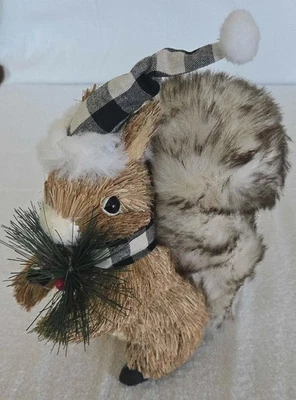 Sisal Squirrel with Plaid Hat-Pine and Cherry Decorations-10in H, 8in D, 5in W - Image 1 of 4