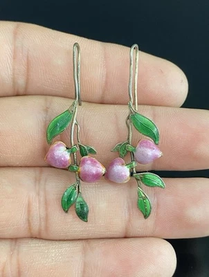 Pendiente gancho gota corazón sangrado esmalte verde y rosa plata esterlina 925 vintage Foto 1 de 4