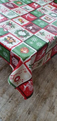 Christmas PVC Plastic Vinyl Table cloth Red Green Patchwork Reindeer Stag Bauble - Image 1 of 4