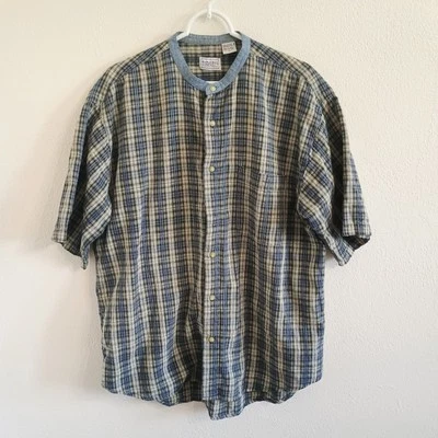 Vintage Bugle Boy Co Button Up Blue Shirt Green Plaid Mandarin Collar Sz XL - Image 1 of 4