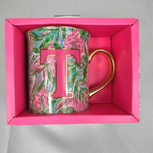 Lilly Pulitzer Keramik Initiale T Becher 14 Unzen Tropische Blumen Goldgriff Neu - Bild 1 von 4
