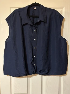 Женский размер 3 X без рукавов кнопка вверх блузка темно-синий квадратный вискозы нейлона льняной смеси - Изображение 1 из 4