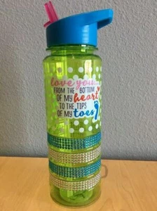 GREEN RHINESTONE LOVE QUOTE WATER BOTTLE WITH STRAW, BPA FREE - Picture 1 of 3