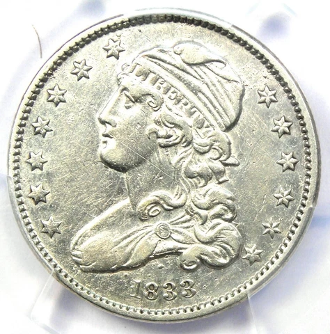 1833 Capped Bust Quarter 25C - PCGS AU Details - Rare Early Date Certified Coin Cover