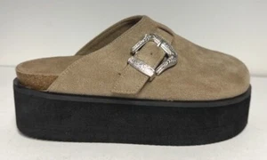 TAUPE FAUX NUBUCK UPPER WITH CORK FOOTBED SLIP ON FLATFORM COWBOY BUCKLE - Picture 1 of 4