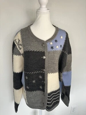 Tally Ho Large 100% Wool Lt Gray Lt Blue, White,Dk Gray Block Stitched Cardigan - Image 1 of 4