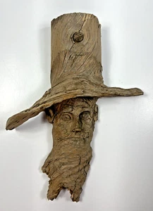 Vintage Holz Geist Gesicht Schnitzerei Volkskunst Handarbeit Wanddeko Mann mit Hut 9,5" - Bild 1 von 9