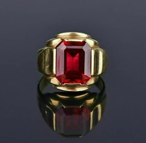 Men's 2 Ct Emerald Cut Lab Created Red Ruby Ring 14K Yellow Gold Plated Silver - Picture 1 of 6