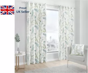 Fusion Fernworthy 100% Cotton Floral Leaf Eyelet Fully Lined Curtains Pair Green - Picture 1 of 6