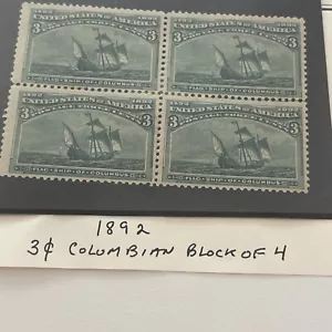 1893 US Colombian Stamp #232 3c Unused F/VF Block of 4 Stamps - Picture 1 of 2