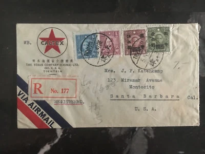 1947 Tientsin China Caltex Oil Company Cubierta a Santa Bárbara EE. UU. Correo Aéreo Foto 1 de 2