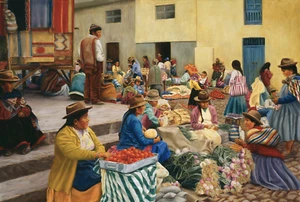 Impresión Mercado Peruano - Colorida Escena Perú - Personas Vendiendo Verduras - Imagen 1 de 6