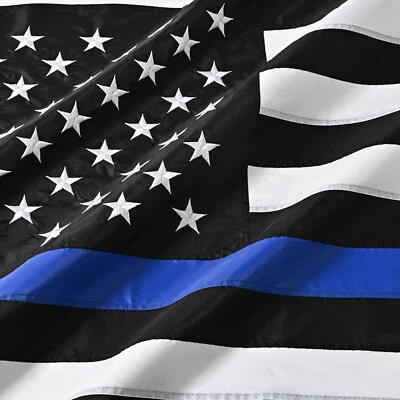 Thin Blue Line American Flag Police with Embroidered Stars and Sewn Stripes 3x5 - Image 1 of 4