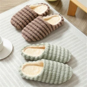 Women Men Fashion Striped Plush Indoor Slippers Warm Furry Bedroom Slippers - Picture 1 of 16
