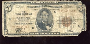 1929 $5 Federal Reserve Philadelphia U.S. Bill / Note - Picture 1 of 2
