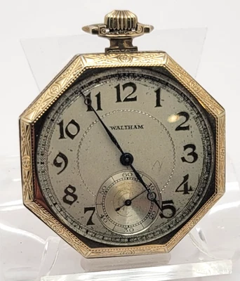 Reloj Bolsillo Vintage Waltham Estuche Octagonal 14K Oro Blanco Sólido Grabado Ciervo Foto 1 de 4