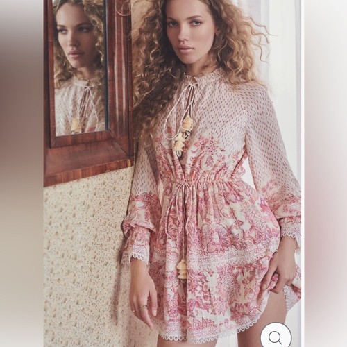 OFF WHITE Mini abito Hemant & Nandita Suki bianco sporco e rosso cremisi Cottagecore Rococò M