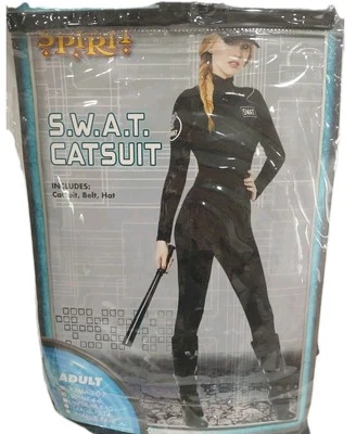Adult S.W.A.T CATSUIT COSTUME SM 4-6 BY SPIRIT Suit. Hat  & Club. NO Belt - Image 1 of 4