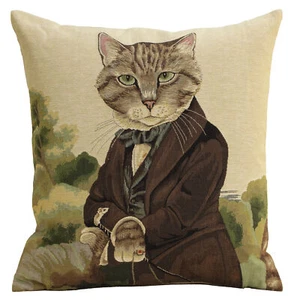 Herbert Cat A Jacquard Woven European Tapestry Throw Pillow Cover - 18x18 in NEW - Picture 1 of 7