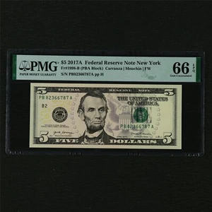 2017A Federal Reserve Note New York 5 Dollars Fr#1998-B PMG 66 EPQ Gem UNC 01 - Picture 1 of 4