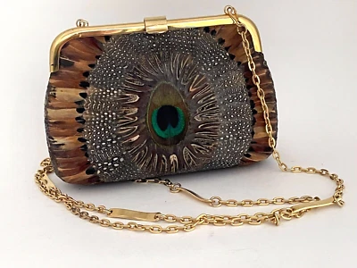 Винтажный павлин/фазан перо сумочки структурированный клатч ручной работы золотистый тон фантазии - Изображение 1 из 4