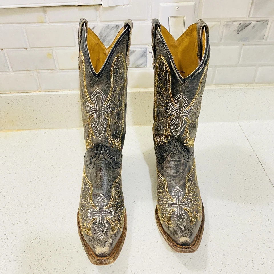 Botas Corral Teen A1029 Youth 4.5T Cuero Negro Envejecido Alas Cruz Punta Corta Foto 1 de 4