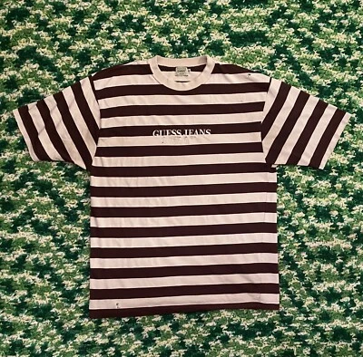 VTG 90S Guess Striped Short Sleeve Shirt Brown Cream Colored Mens 2 Vintage USA - Image 1 of 4