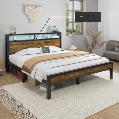 Metal Bed Frame Full/Queen/King with Storage Headboard and Charging Station/Grey - Image 1 of 4