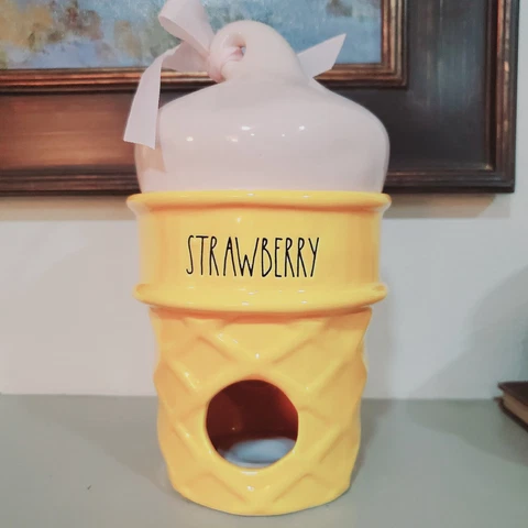 Rae Dunn Birdhouse Strawberry Ice Cream Cone Ceramic Pink by Magenta Looks New! Cover