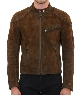 Colton Haynes Cafe Racer Suede Jacket Genuine Brown Suede Leather Biker Jacket - Image 1 of 4
