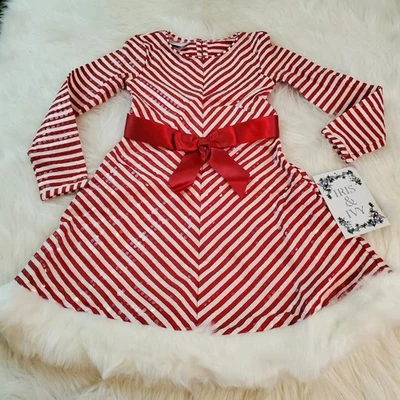 Iris & Ivy Size 5 Little Girls Faux Fur Red & White Santa Stripe Christman Dress - Image 1 of 4