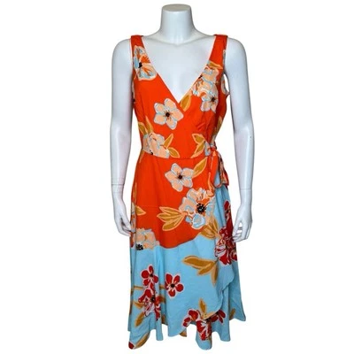 Eshakti Womens Floral Print Wrap Dress L 12 Sleeveless V-neck Ruffle Orange Blue - Image 1 of 4